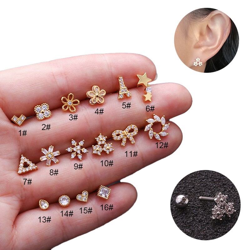 Screw Earrings Factory - OEM 1.2x6mm Stainless Steel Zircon Flowers
