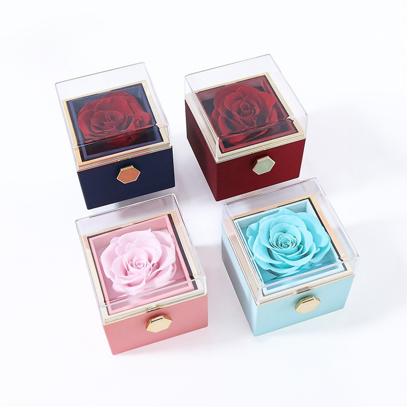 Preserved Rose Box Factory - OEM Rotatable Red Rose Jewelry with Necklace
