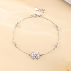 Sterling Silver Bracelet Manufacturer - OEM S925 Pink Zircon Heart Bow Chain
