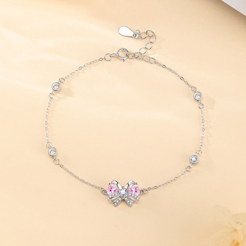 Sterling Silver Bracelet Manufacturer - OEM S925 Pink Zircon Heart Bow Chain