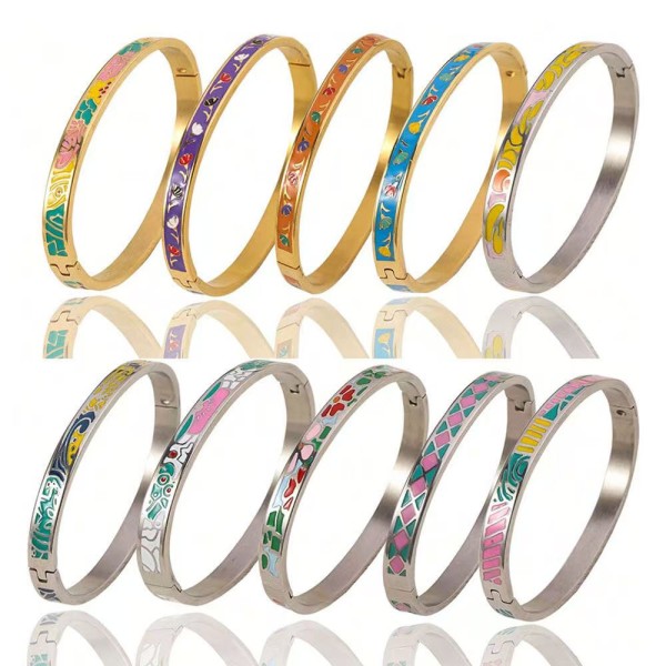 Cuff Bracelet Supplier - Vintage Geometric Enamel Stainless Steel