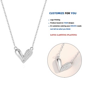 Sterling Silver Necklace Manufacturer - Loving Hearts Asymmetrical Cubic Zircon Heart