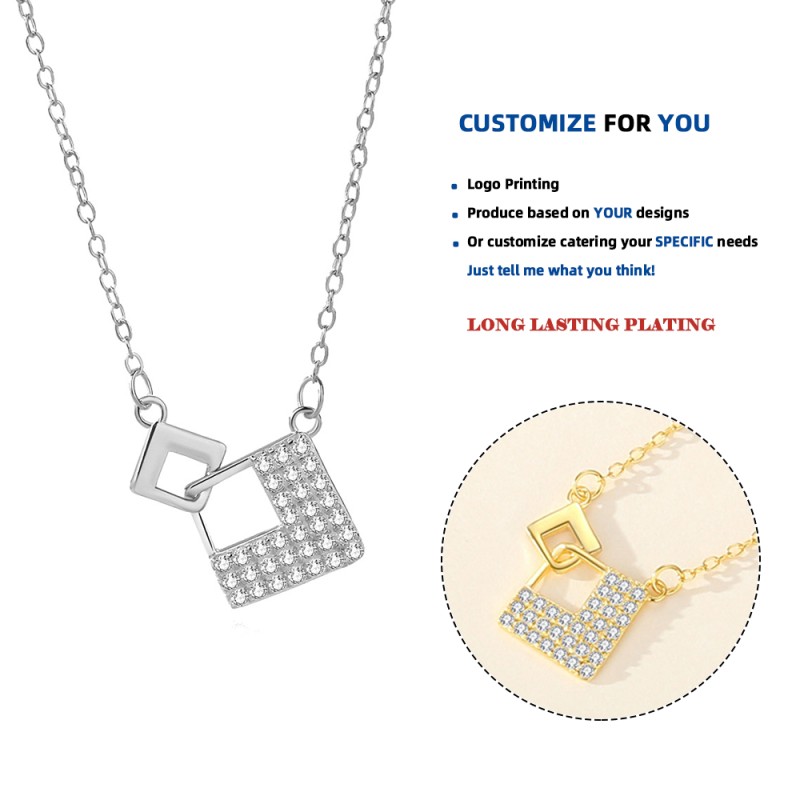 925 Silver Necklace Manufacturer - Versatile Full Zircon Geometric Square Pendant