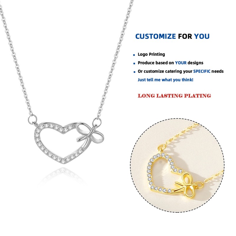 925 Sterling Silver Necklace Manufacturer - Zircon Heart Bow Interlocking Luxury Jewelry