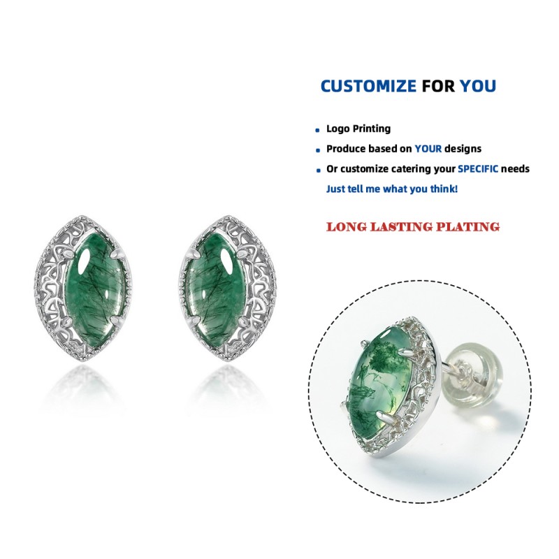 925 Sterling Silver Stud Earrings Supplier - Natural Moss Agate Teardrop Anniversary