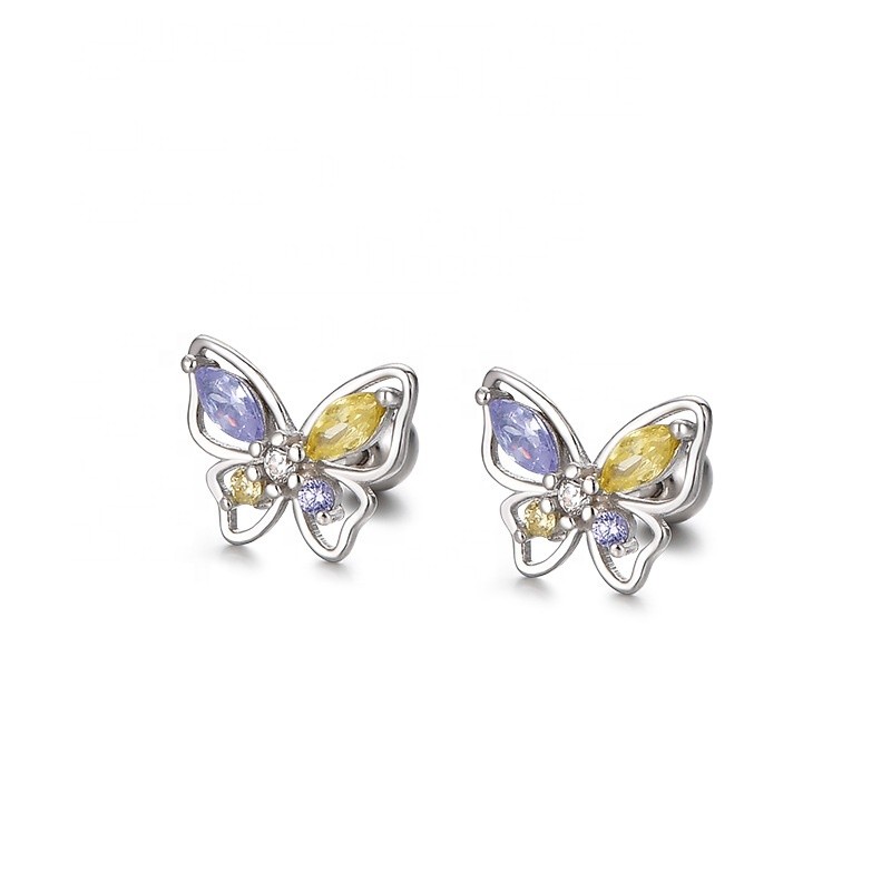 925 Sterling Silver Stud Earrings Factory - Tiny Butterfly Screw Back Gold Plated