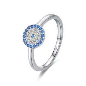 925 Sterling Silver Wedding Band Factory - Cubic Zirconia Blue Evil Eye Trendy Ring