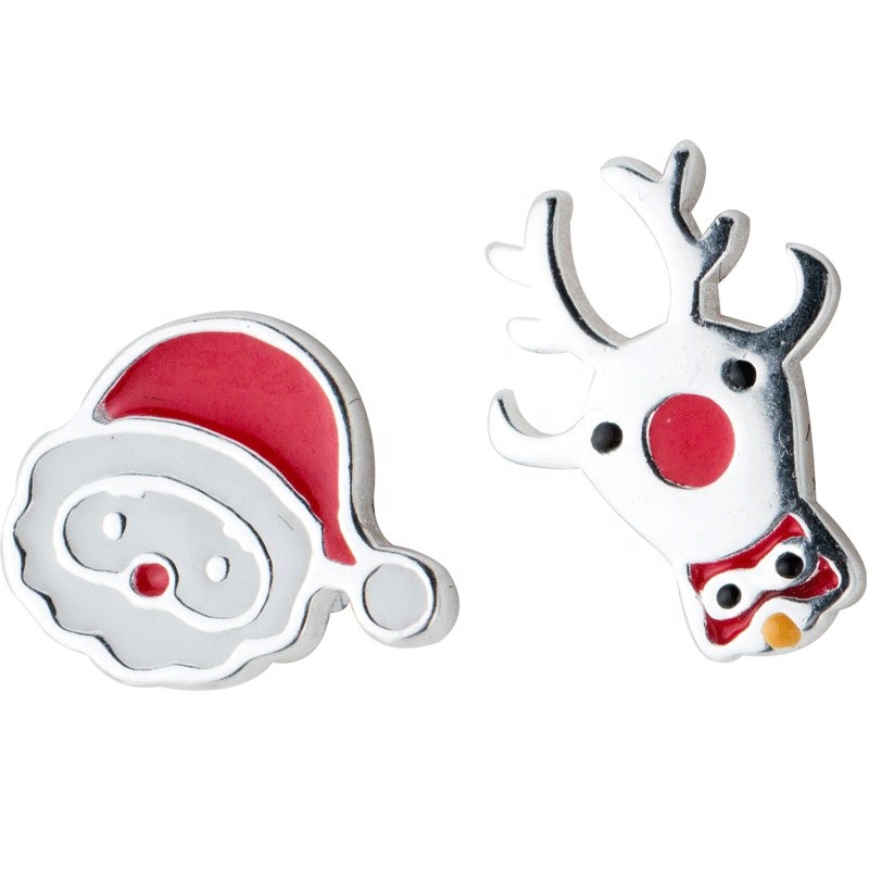 925 Sterling Silver Stud Earrings Factory - Asymmetric Deer Santa Claus Christmas Gift
