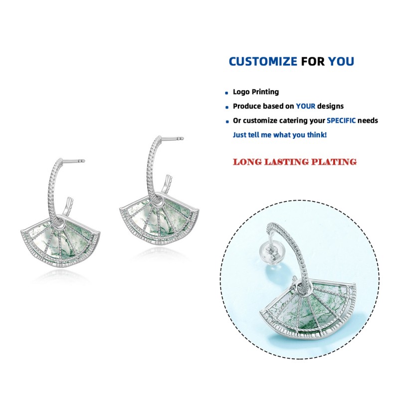 925 Sterling Silver Earrings Factory - Chinese Style Sector Drop Natural Gemstone