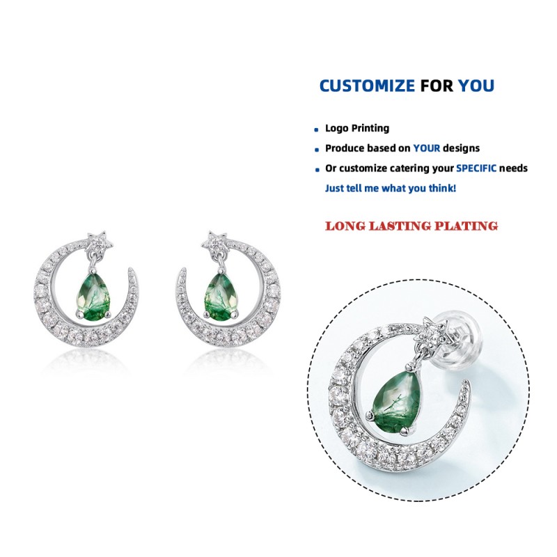 925 Sterling Silver Stud Earrings Supplier - Moon Design Moss Agate White Gold Plated