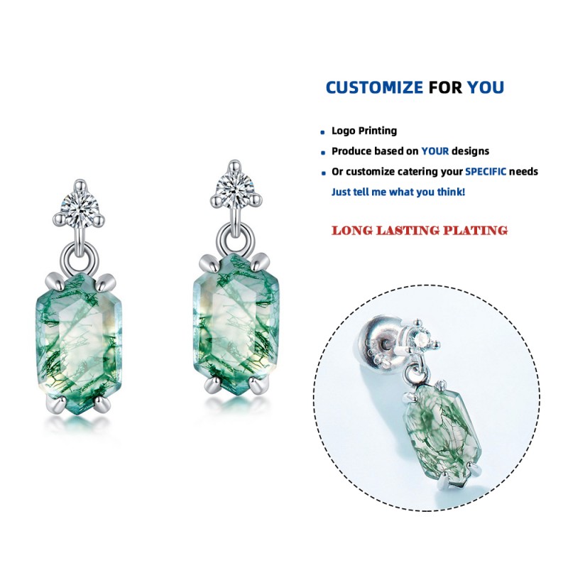 925 Sterling Silver Earrings Supplier - Round Zircon Geometric Rhombus Water Grass Agate