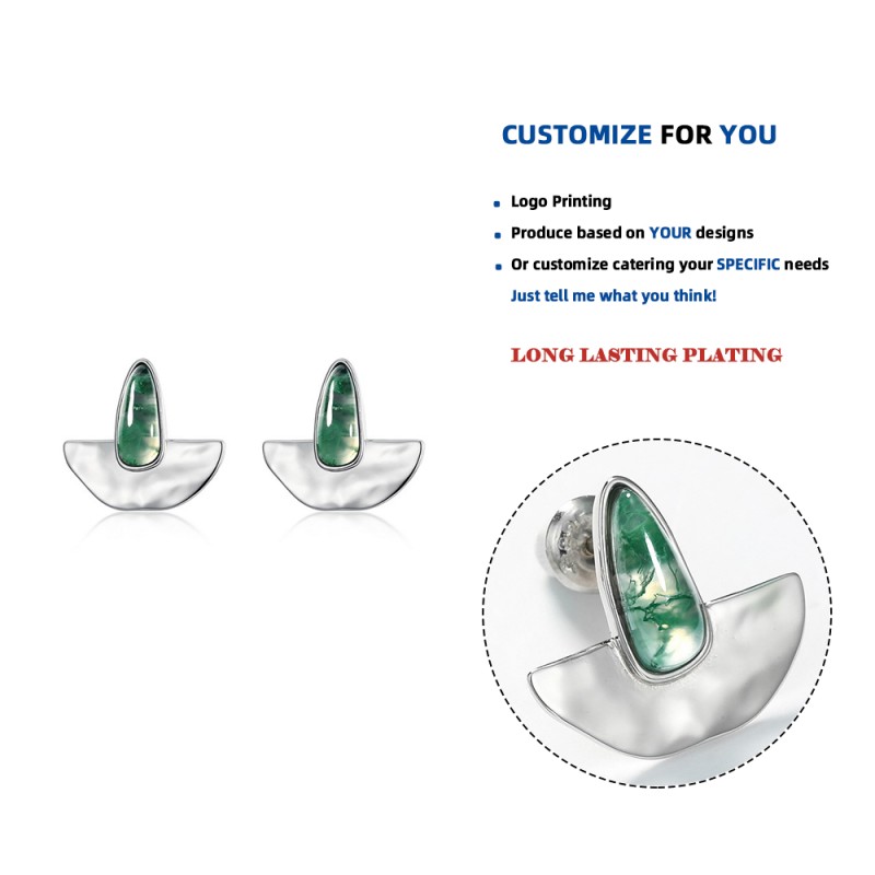 925 Sterling Silver Stud Earrings Manufacturer - Semicircle Geometric Water Grass Agate