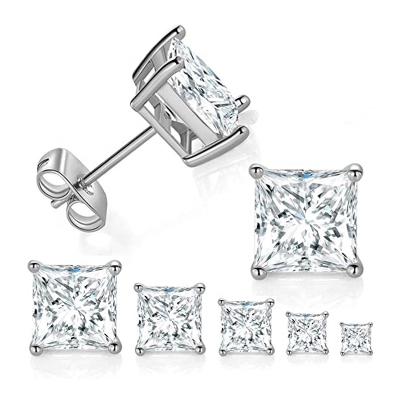 925 Sterling Silver Stud Earrings Factory - Korean Cubic Zircon CZ Square Diamond