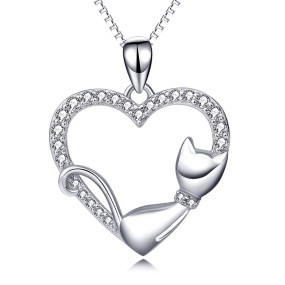 925 Sterling Silver Pendant Necklace Factory - Romantic Cute Animal Heart Cat Jewelry