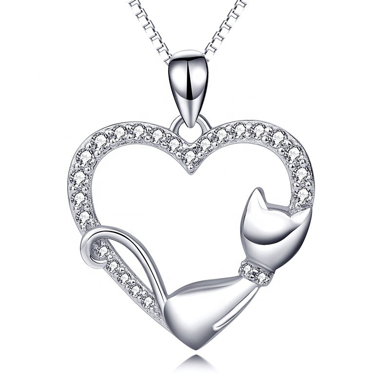 925 Sterling Silver Pendant Necklace Factory - Romantic Cute Animal Heart Cat Jewelry