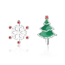 925银耳环供应商 - 不对称雪花树圣诞女性礼品