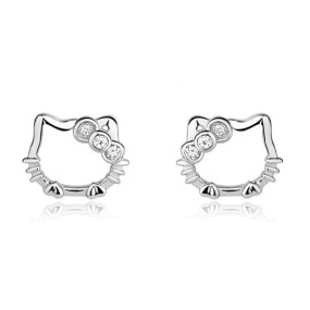 925 Silver Earrings Supplier - Hello Kitty Shape Zirconia Kids Animal Cat