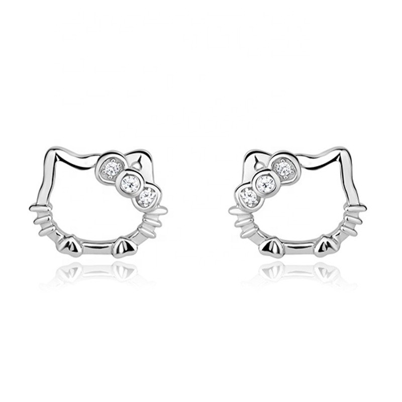 925 Silver Earrings Supplier - Hello Kitty Shape Zirconia Kids Animal Cat