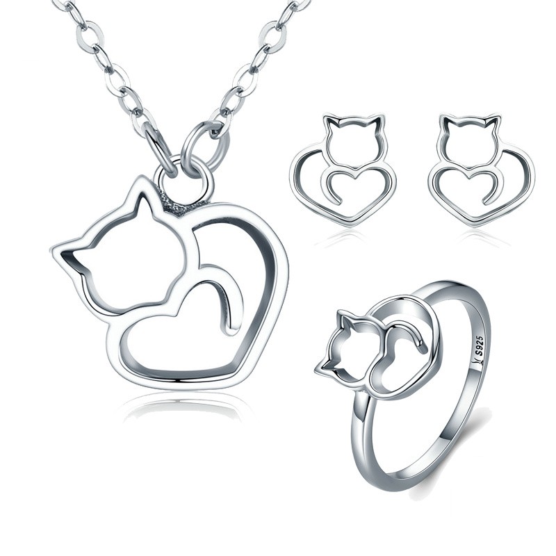 925 Sterling Silver Jewelry Set Supplier - Fashion Cute Cat Animal Zirconia Kids Sets