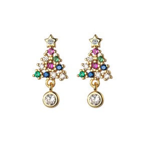 925 Silver Earrings Factory - Christmas Tree Gold Plated Stud Fashion Gift Jewelry