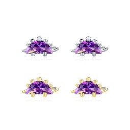 925 Sterling Silver Stud Earrings Manufacturer - Small Dinosaur Purple Cubic Zirconia