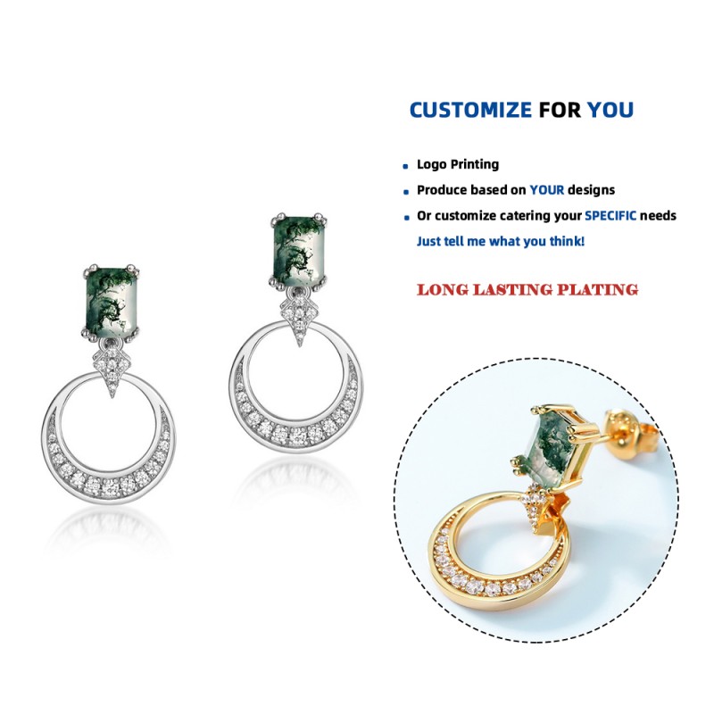 Sterling Silver Earrings Manufacturer - Gold Plated Rectangle Agate Cubic Zirconia