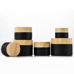 Cosmetic Jar Supplier - Black Frosted Glass Woodgrain Lid