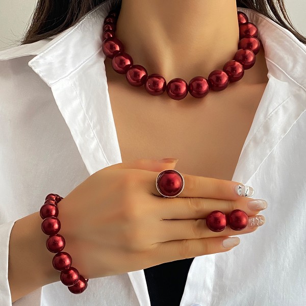 Jewelry Set Factory - 4PCS White Pink Red Pearl Necklace Earrings Bracelet Ring