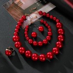 Jewelry Set Factory - 4PCS White Pink Red Pearl Necklace Earrings Bracelet Ring