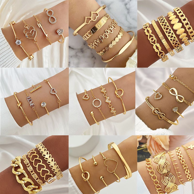 Bracelet Set Factory - 4Pcs Flower Heart Knot Adjustable Gold Double Heart