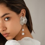 Dangle Earrings Supplier - Fashion Long Fringe Pearl Hollow Big Metal Flower Exaggerated