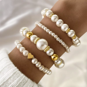 Pearl Bracelet Supplier - Fashion Love Heart Pearl 4 Pieces Stretch Charm Summer