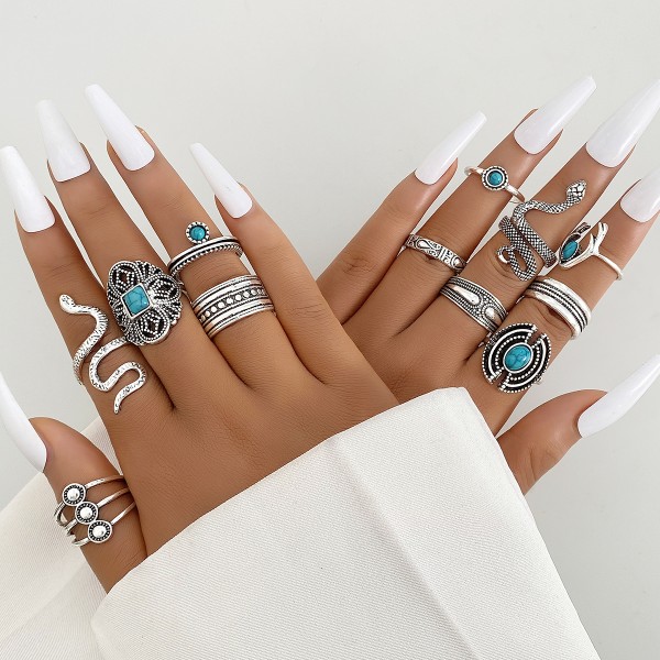 Ring Set Manufacturer - 12 Piece Bohemian Shooting Antler Green Stone Open Silver