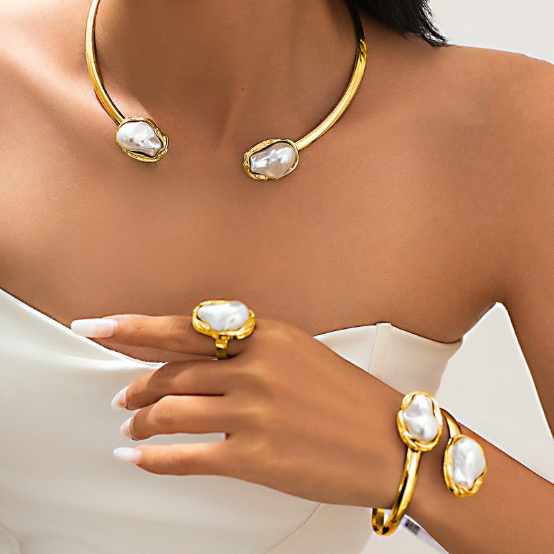 Jewelry Set Factory - Fashion Baroque Pearl Collar Metal Open Choker for Women Party