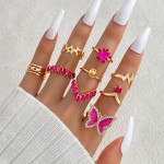 Ring Set Supplier - 9Pcs Butterfly Crown Heart Zircon Rose Red Diamond for Women