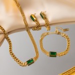 Jewelry Set Supplier - Luxury Green Zircon Square Pendant Gold Plated Stainless Steel