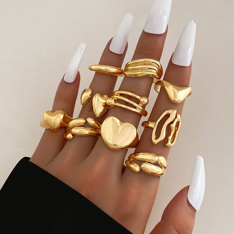 Ring Set Supplier - 10 Piece Fashion Irregular Geometric Heart Open Adjustable