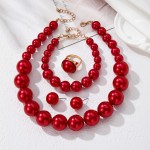 Jewelry Set Factory - 4PCS White Pink Red Pearl Necklace Earrings Bracelet Ring
