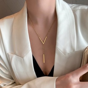 Pendant Necklace Supplier - Trendy V Pendant Gold Plated Stainless Steel Geometric