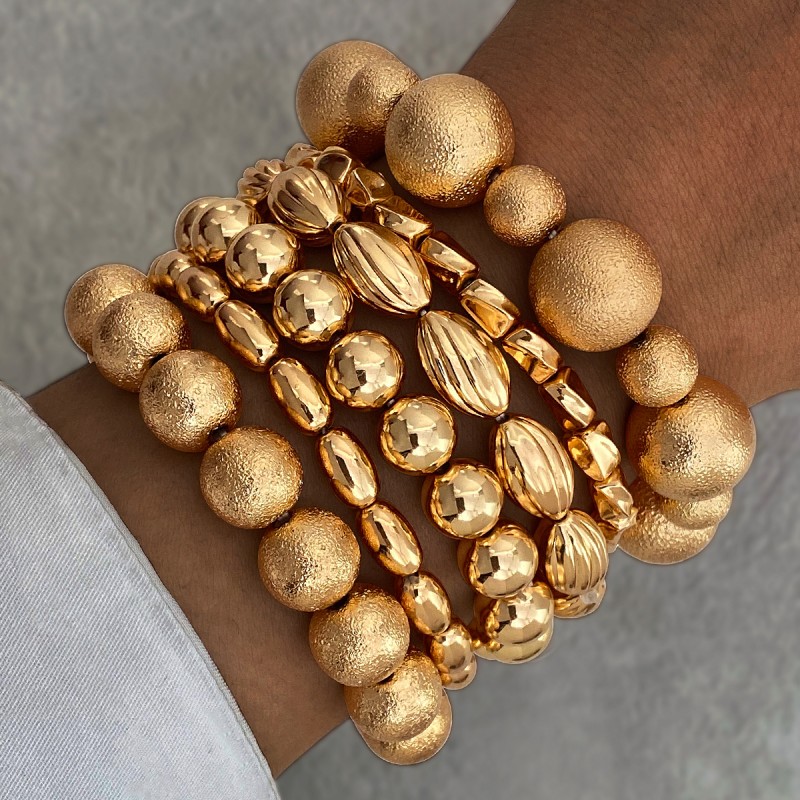 Bracelet Set Supplier - 6Pcs 2025 Exaggerated Golden Color Square Bead Geometric