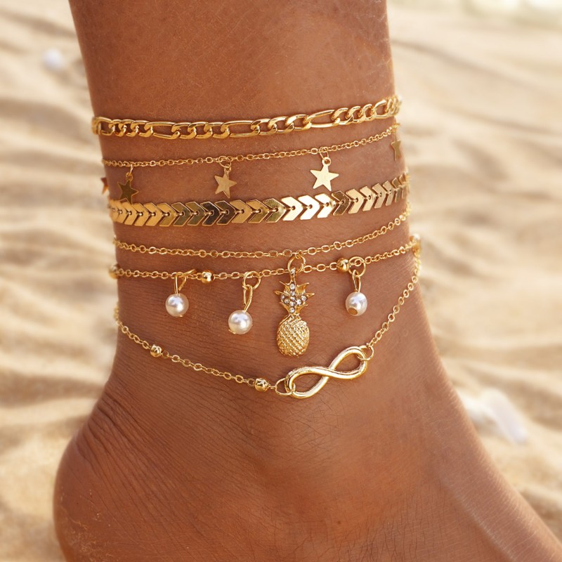Anklet Set Manufacturer - Bohemian Multilayer Chain Pearl Geometric Pineapple Star