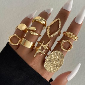 Ring Set Supplier - 10Pcs Fashion Geometric Heterosexual Exaggerated Metallic