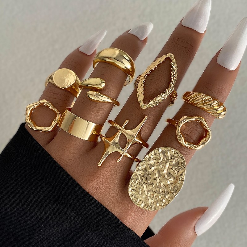 Ring Set Supplier - 10Pcs Fashion Geometric Heterosexual Exaggerated Metallic