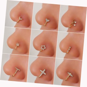 Nose Ring Supplier - Fashion Copper Zircon Golden Heart Bowknot Star Free Twist