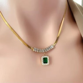 Jewelry Set Supplier - Trendy Emerald Square Pendant Stainless Steel Without Box