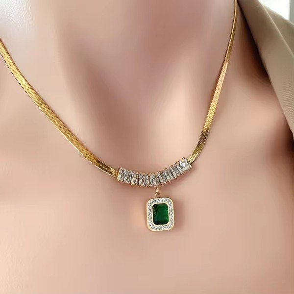 Jewelry Set Supplier - Trendy Emerald Square Pendant Stainless Steel Without Box