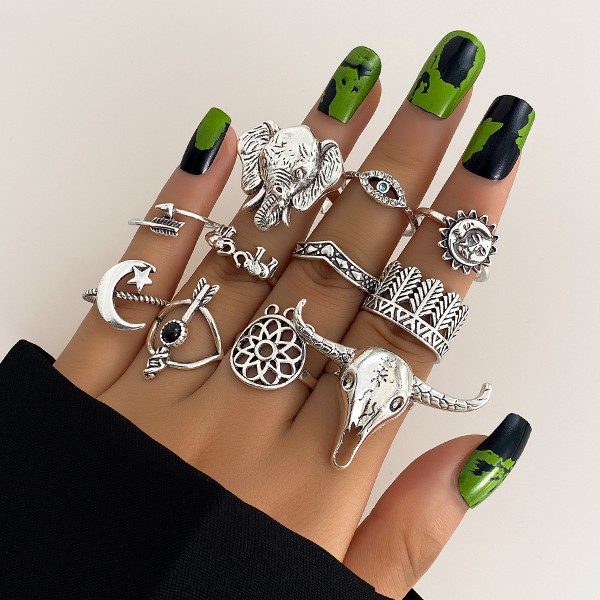 Ring Set Supplier - 11 Piece Bohemian Bullhead Elephant Head Eyes Geometric Opening