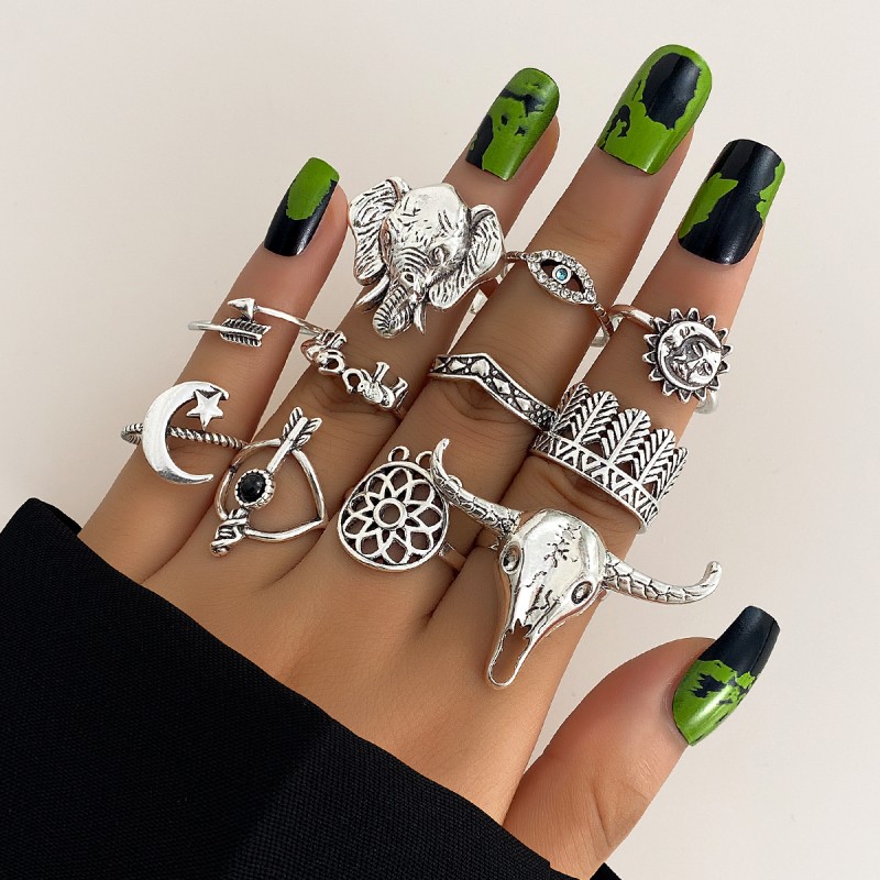 Ring Set Supplier - 11 Piece Bohemian Bullhead Elephant Head Eyes Geometric Opening