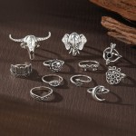 Ring Set Supplier - 11 Piece Bohemian Bullhead Elephant Head Eyes Geometric Opening