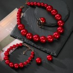 Jewelry Set Factory - 4PCS White Pink Red Pearl Necklace Earrings Bracelet Ring